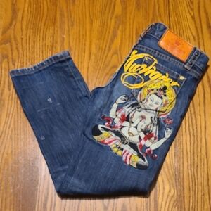 Christian Audigier Blue Jeans with Vibrant Graphic - Size 7